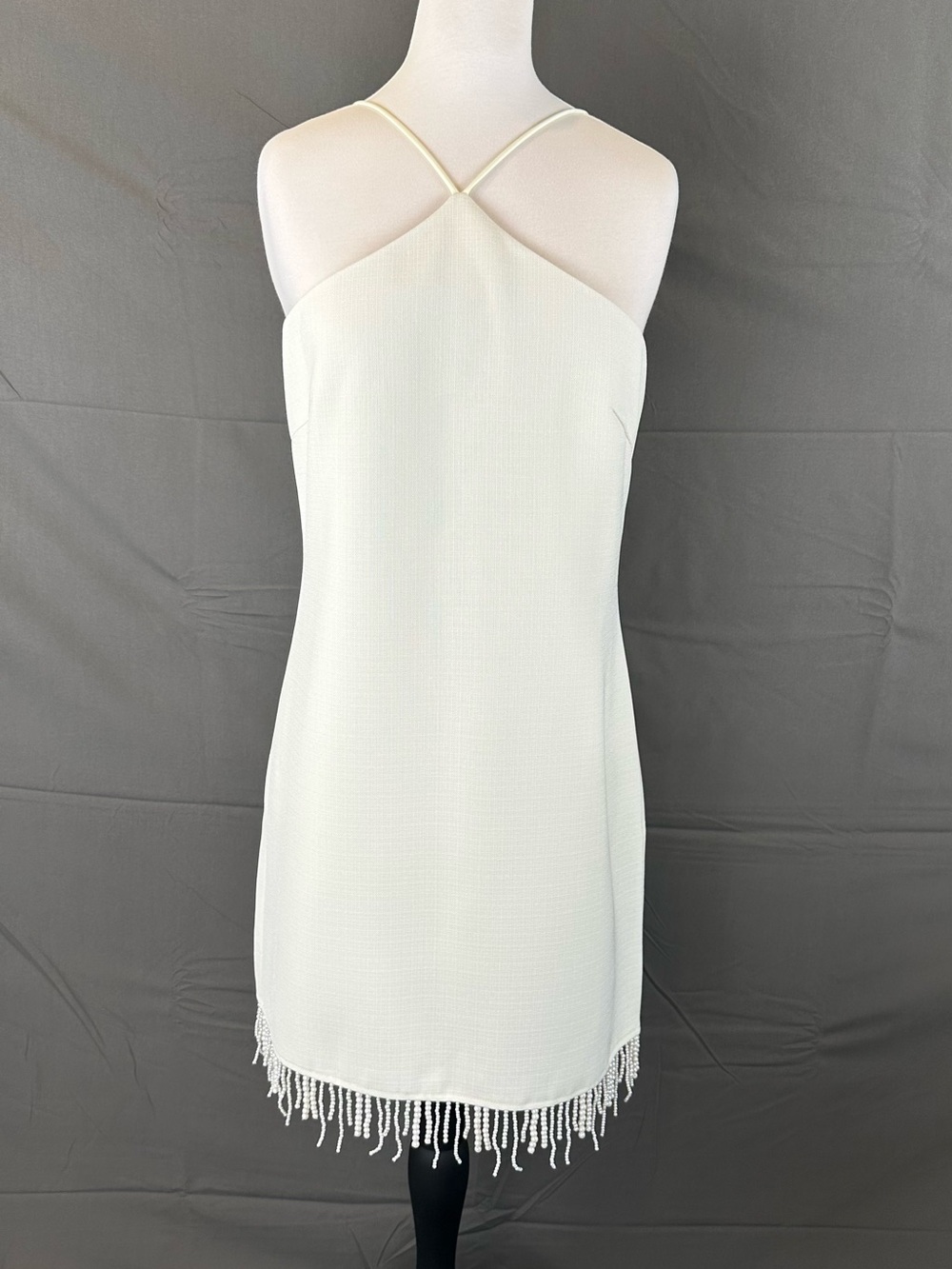 MOTF Ivory Cross-Strap Mini Dress with Beaded Hem